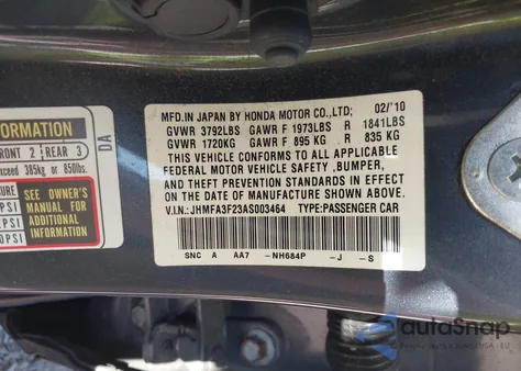 2010 Honda Civic Hybrid z USA, uszkodzony, nr VIN JHMFA3F23AS003464